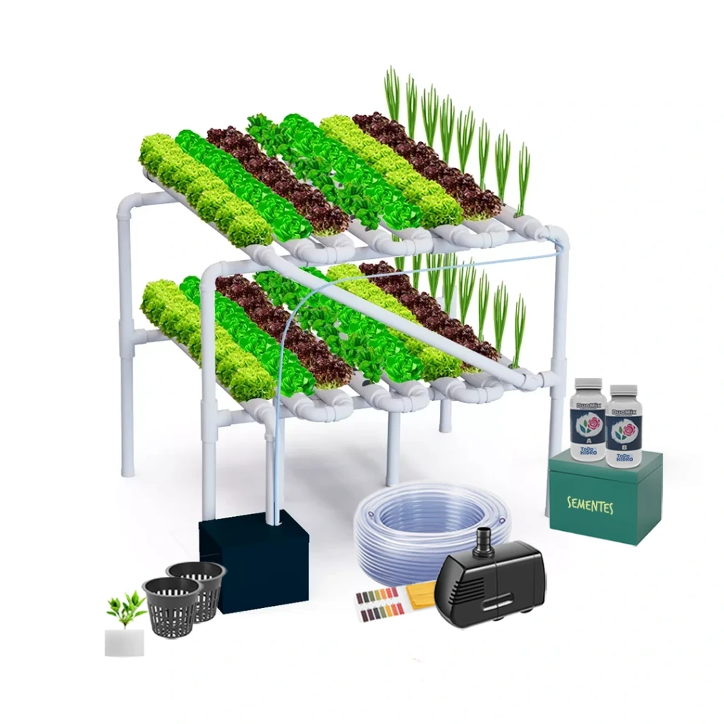 Kit Hidropônico N16 Sistema NFT para 128 Plantas, Jardim Completo com Nutrientes, Sementes e Acessórios